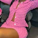 European and American Women's Cross-border 2023 New Bubble Pleated Sexy V-Neck Button Mini Skirt Fashion Two-Piece Set