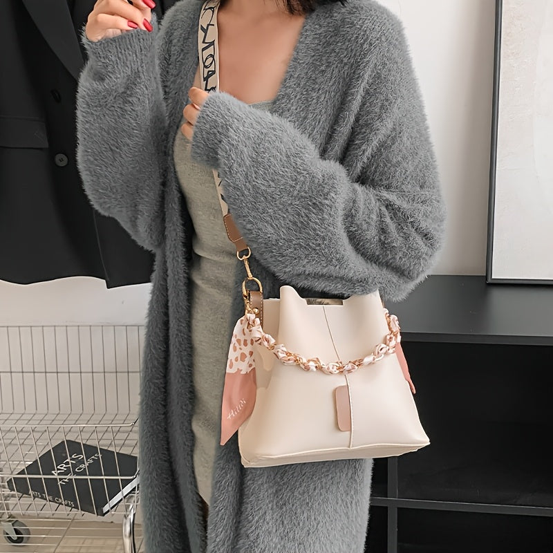 Women's Elegant Bohemian Bucket Crossbody Bag - Adjustable Shoulder Strap, Zipper Closure, with Golden-Tone Hardware, Versatile for Daily Commute & Casual Outings (Black/White)