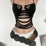 Summer 2025 Sexy Butterfly Cut-Out Backless Cami Top for Women - Solid Black, Spaghetti Strap, Slim Fit, Machine Washable, Semi-Sheer Design with Decorative Metal Ring Detail, Semisheer Fashion | Cutout Fashion | Singleshould