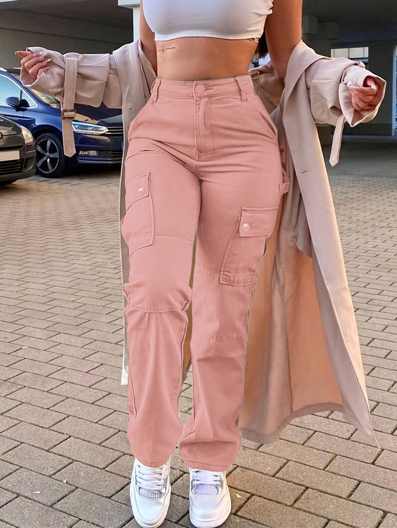 GILIPUR Pink Cargo Pants for Women - Retro Street Style, Multi-Pocket Utility Workwear, Machine Washable, Viscose and Elastane Blend