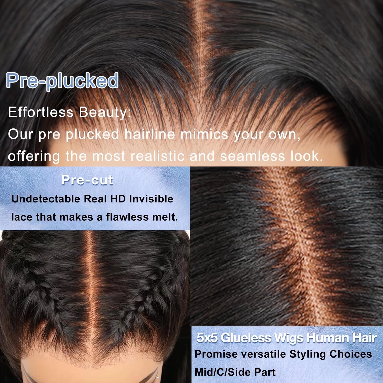 Luxurious 250% Density Straight Human Hair Wig - 5x5 HD Transparent Lace Front, Pre-Plucked & Pre-Cut With Glueless Closure, Easy To Wear & Style, Pre-Bleached Knots, 3 Seconds To Wear