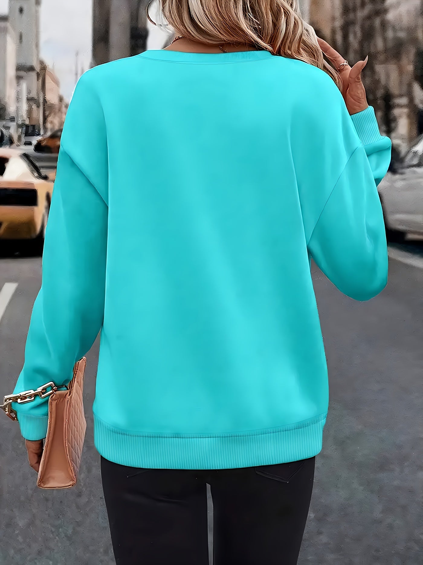 Elegant Crew Neck Sweatshirt for Women with Creative Heart Design - 100% Polyester Knit Fabric, Long Sleeve Pullover for All Seasons