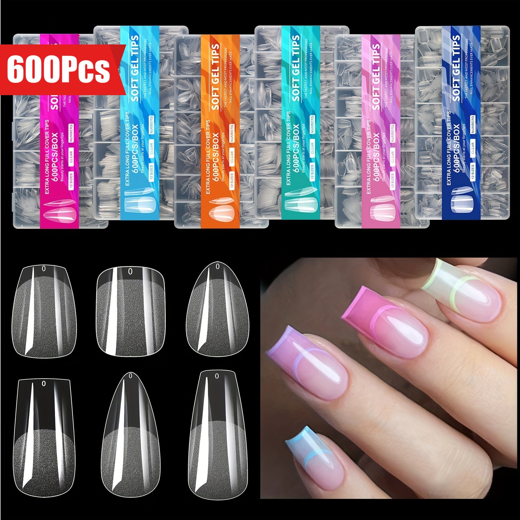 600pcs Soft Gel Nail Tips – Half Matte Clear Square Shape, Pre-Shaped Acrylic Extension Tips for Professional Manicures, Short Length Press-On Nail Art Kit