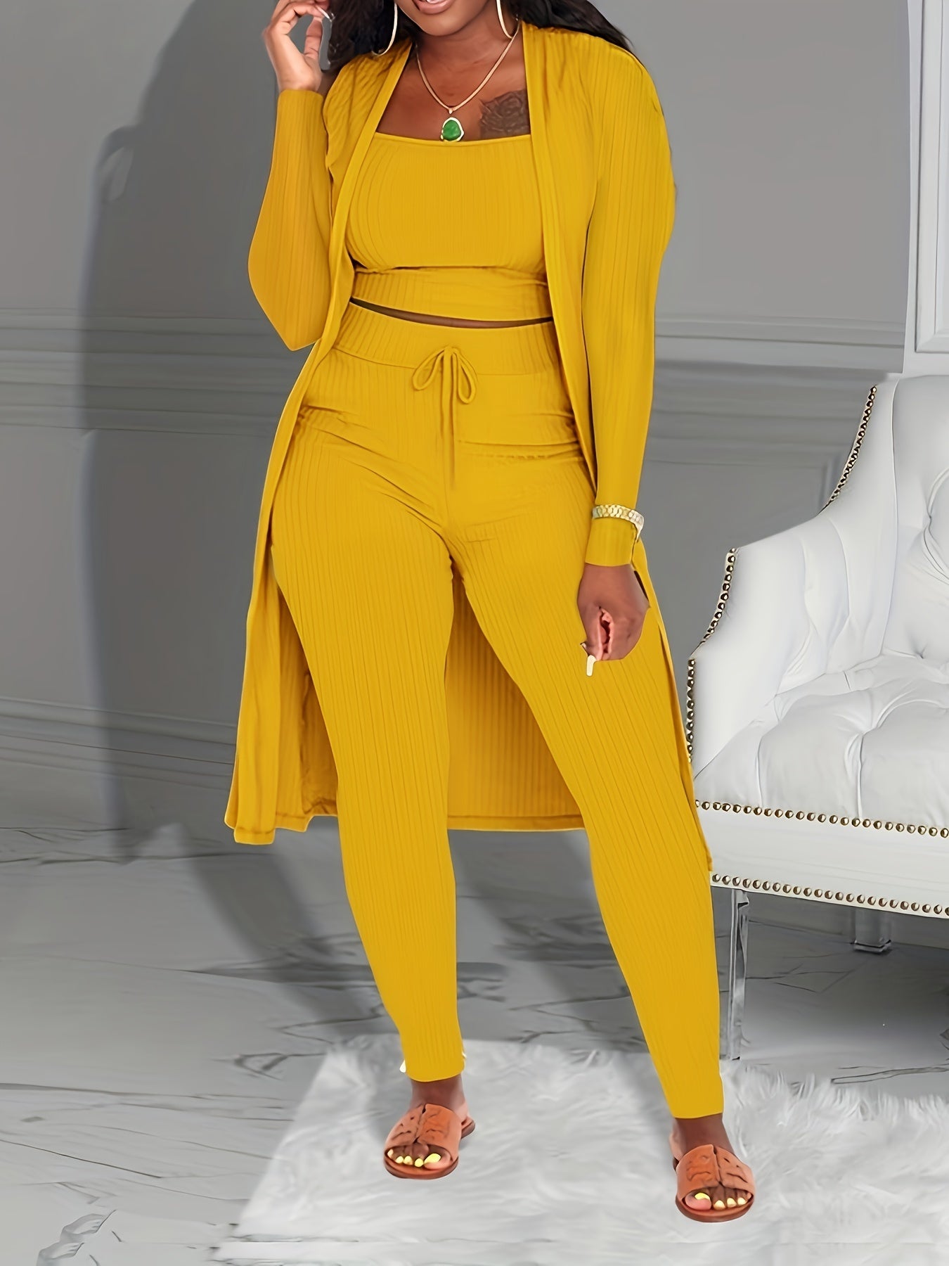 Three-piece Set of Ribbed Solid Casual Outfits, Open Front Long Sleeve Cardigan & Tank Top & Lace Up Pants, Women's Clothing