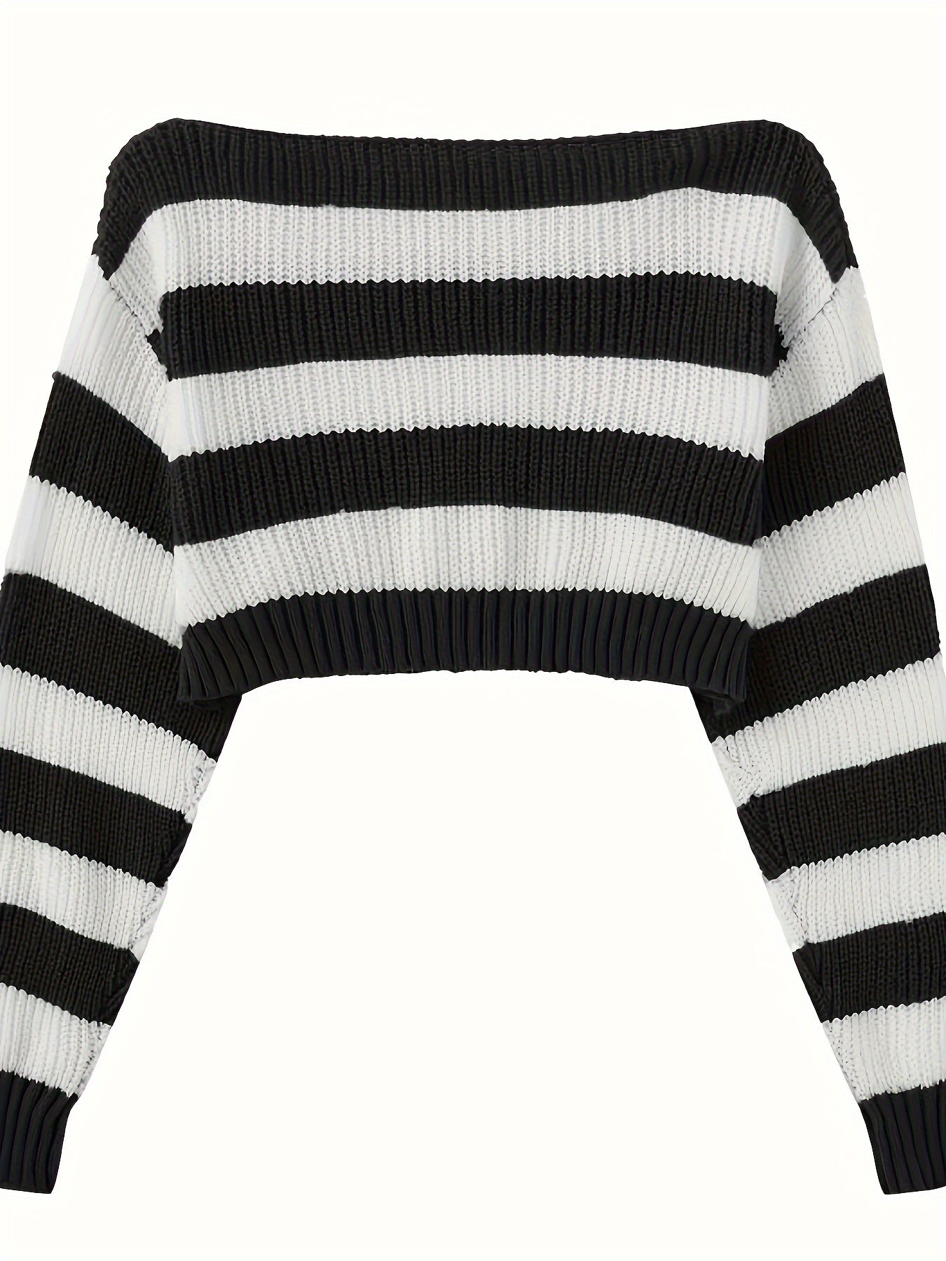 Chic Striped Crop Sweater for Women - Long Sleeve, Round Neck, Polyester Knit Pullover