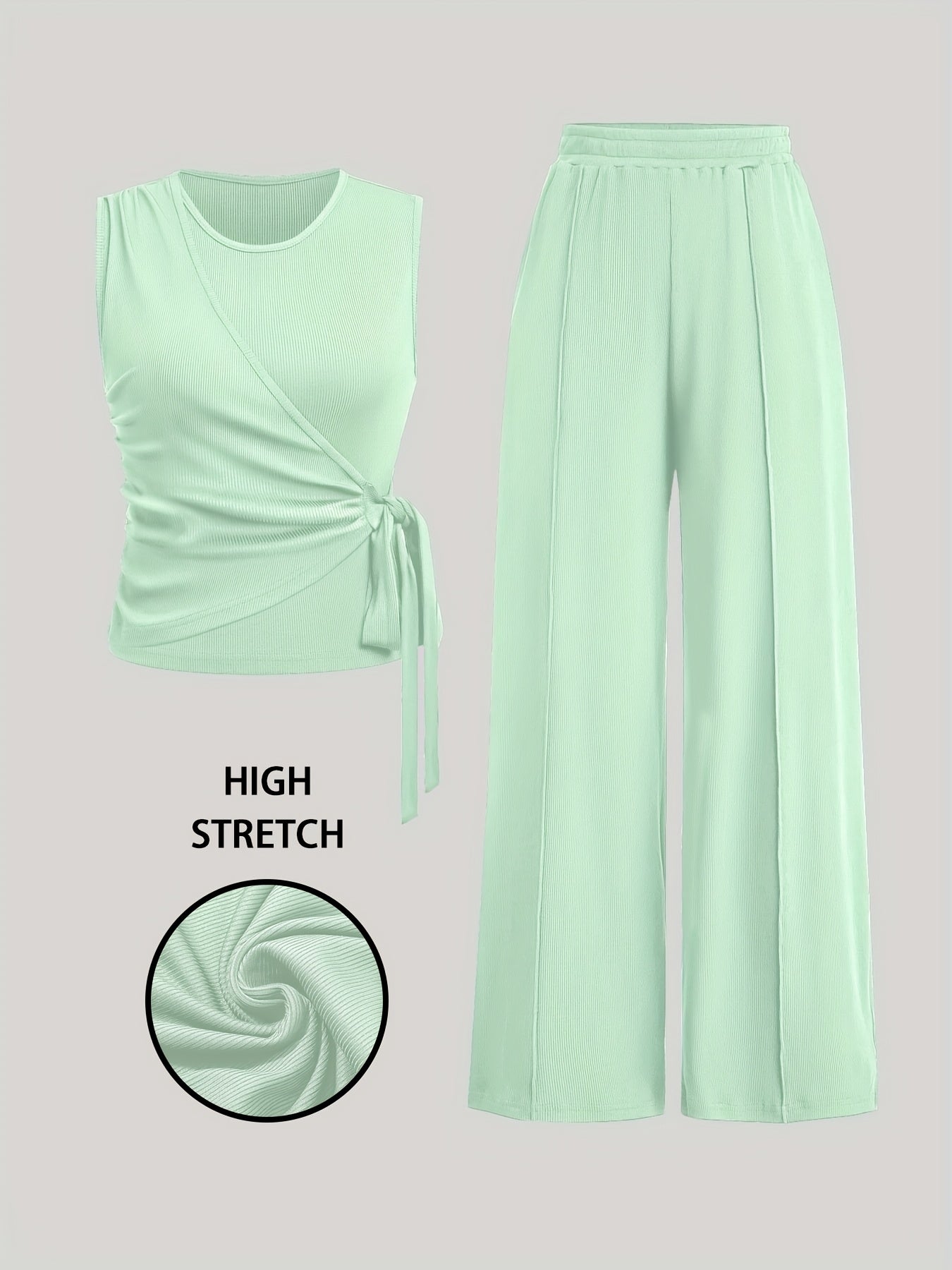 Elegant Women's Sleeveless Ribbed Top & Wide-Leg Pants Set – Bow Detail, Stretchy Knit Two-Piece Outfit for Spring/Summer