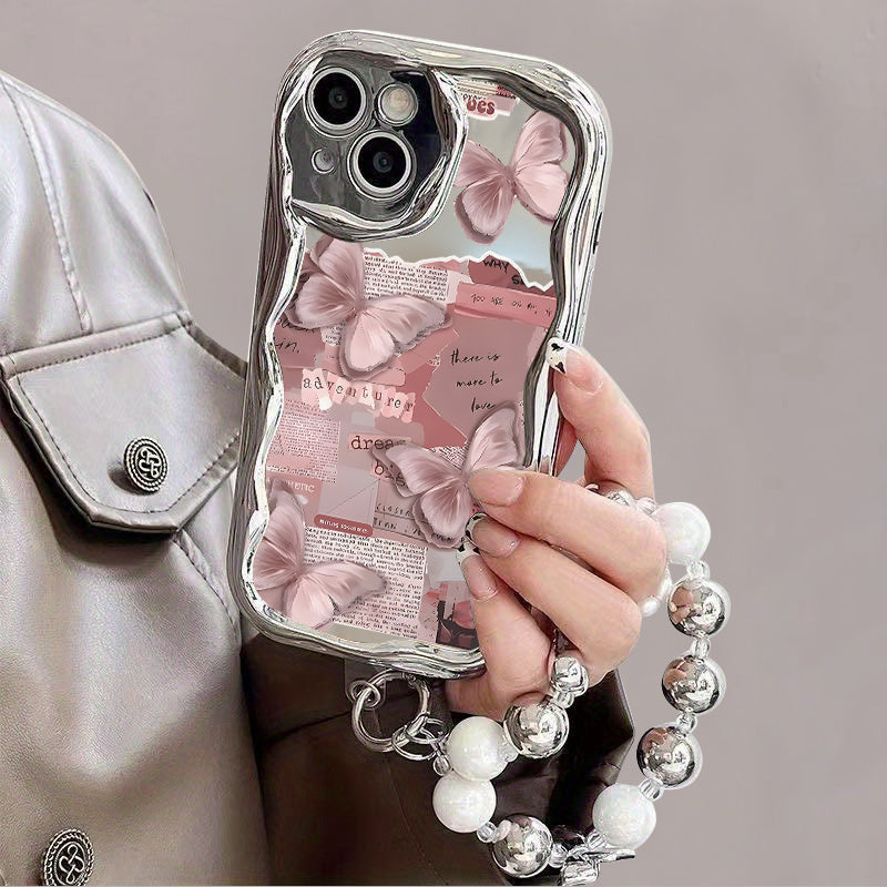 Pink Butterfly And Collage Elements for a Romantic And Sweet Atmosphere, with Silver Bead Chain Phone Case, Suitable for Iphone 11, 12, 13, 14 And 15 Pro Max, 16PLUS