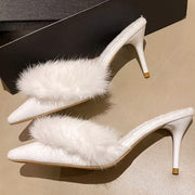 [Faux Fur Chic Slippers] Plush Faux Fur Chic Women's High-Heel Slippers - Pointed Toe, French Heel Design for Indoor & Outdoor Wear