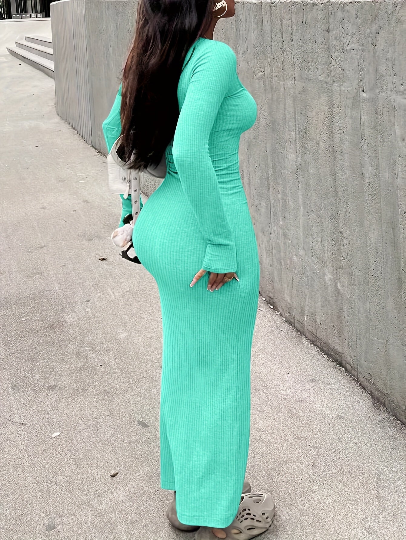 Elegant Bodycon Maxi Dress with Button Details - Slim Fit, Long Sleeve, V-Neck for Women, Perfect for All Seasons, Solid Color, Adult, Fabric, 2025 New Arrival, Slim Fit Dress