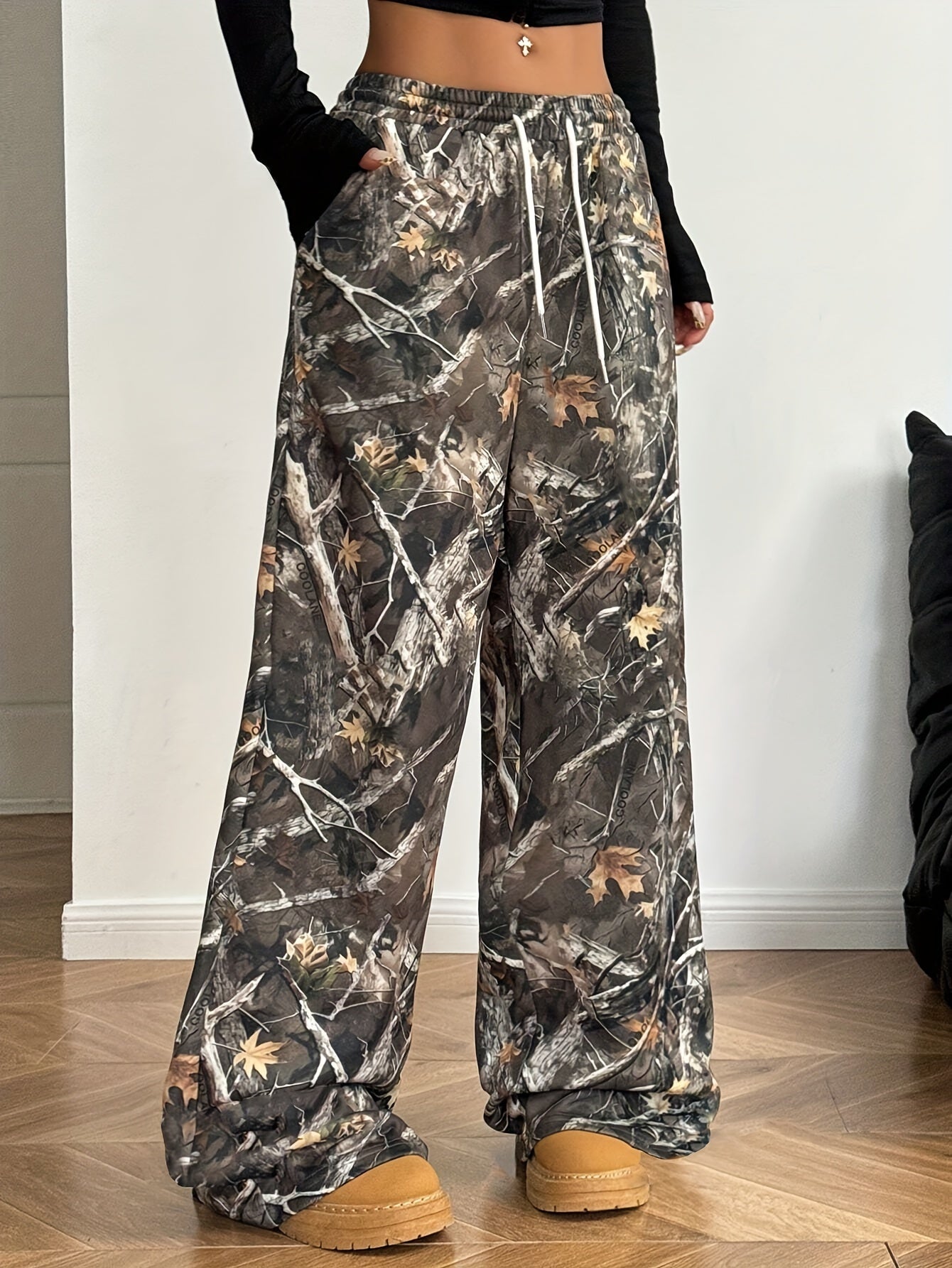 Women'S Y2K Style Wide Leg Pants, Polyester Knit with Letter Pattern, Loose Fit, Pocket Detail, Adult Size, Autumn/Winter Fashion, Casual Sweatpants