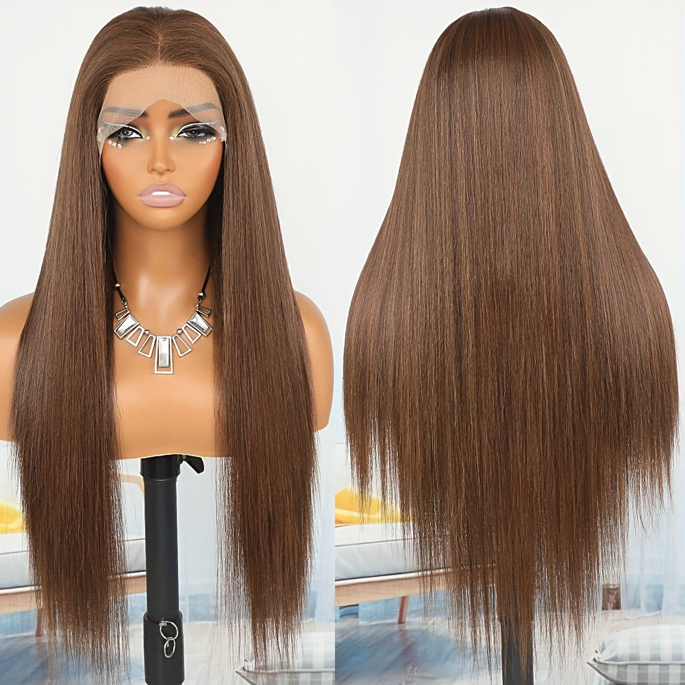 Brown Piano Highlights Straight Lace Front Wig 13x4 HD Transparent Lace Glueless Free Part Long Straight Hair Wigs For Women Heat Resistant Synthetic Fiber Daily Cosplay Wig