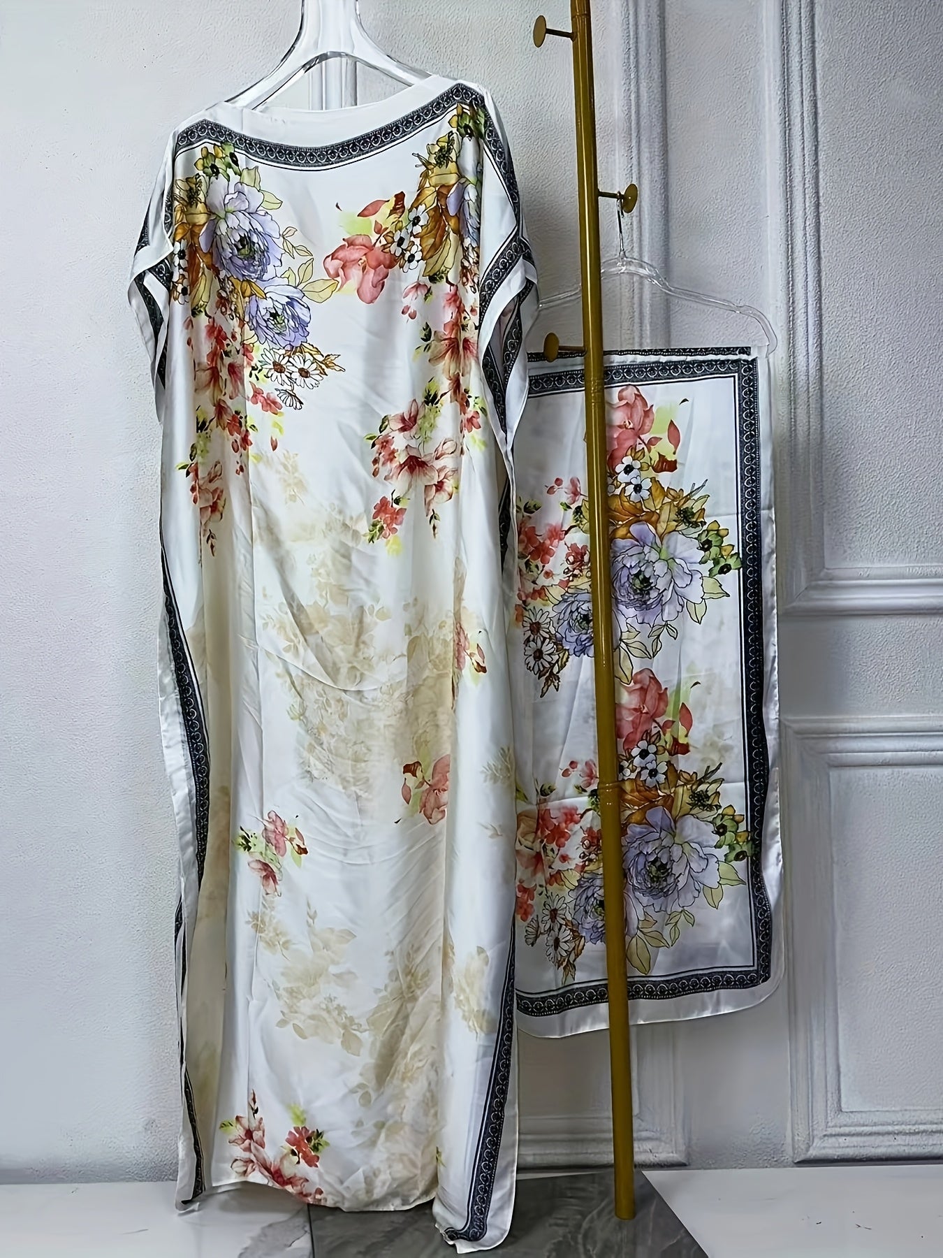 WINYI Women'S Long Kaftan Dress, Polyester 100% Crew Neck Tunic with Belt, Loose Fit All Over Print, Middle Eastern Bohemian African Style, Beach Cover Up, Elegant Evening Abaya for Dubai, Spring/Summer Collection