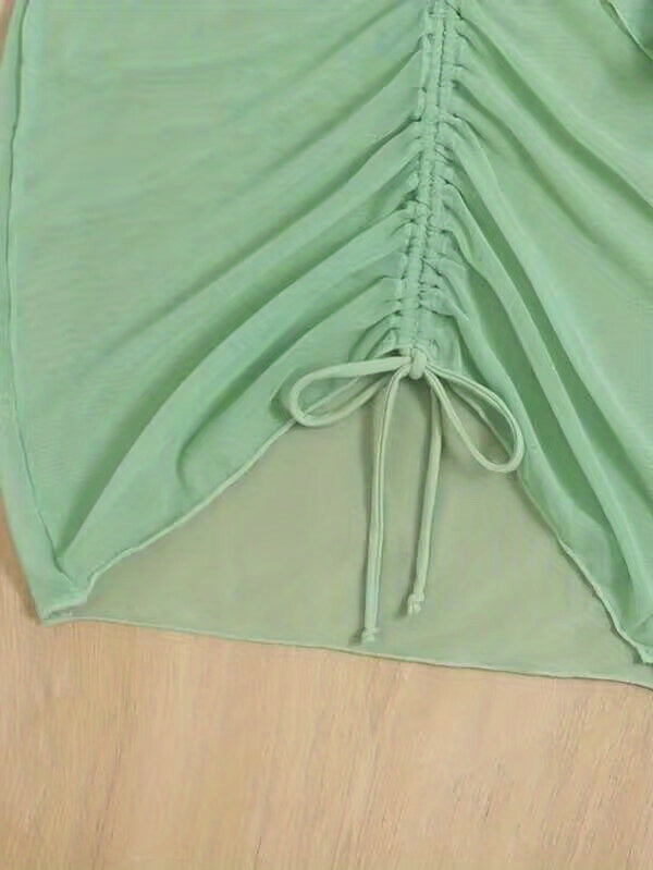 3-Pieces Green Bikini Sets, Halter Neck High Cut With Drawstring Long Sleeves Cover Up Dress Swimsuit, Women's Swimwear & Clothing Triangle Top