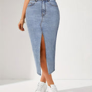 2025 Summer Women's High-Waisted Slim Fit Light Blue Denim Skirt with Side Slit - Bohemian Retro Style Machine Washable 3-Season Versatile Casual to Dressy Denim Skirt, Elegant Daywear, Sleek Finish