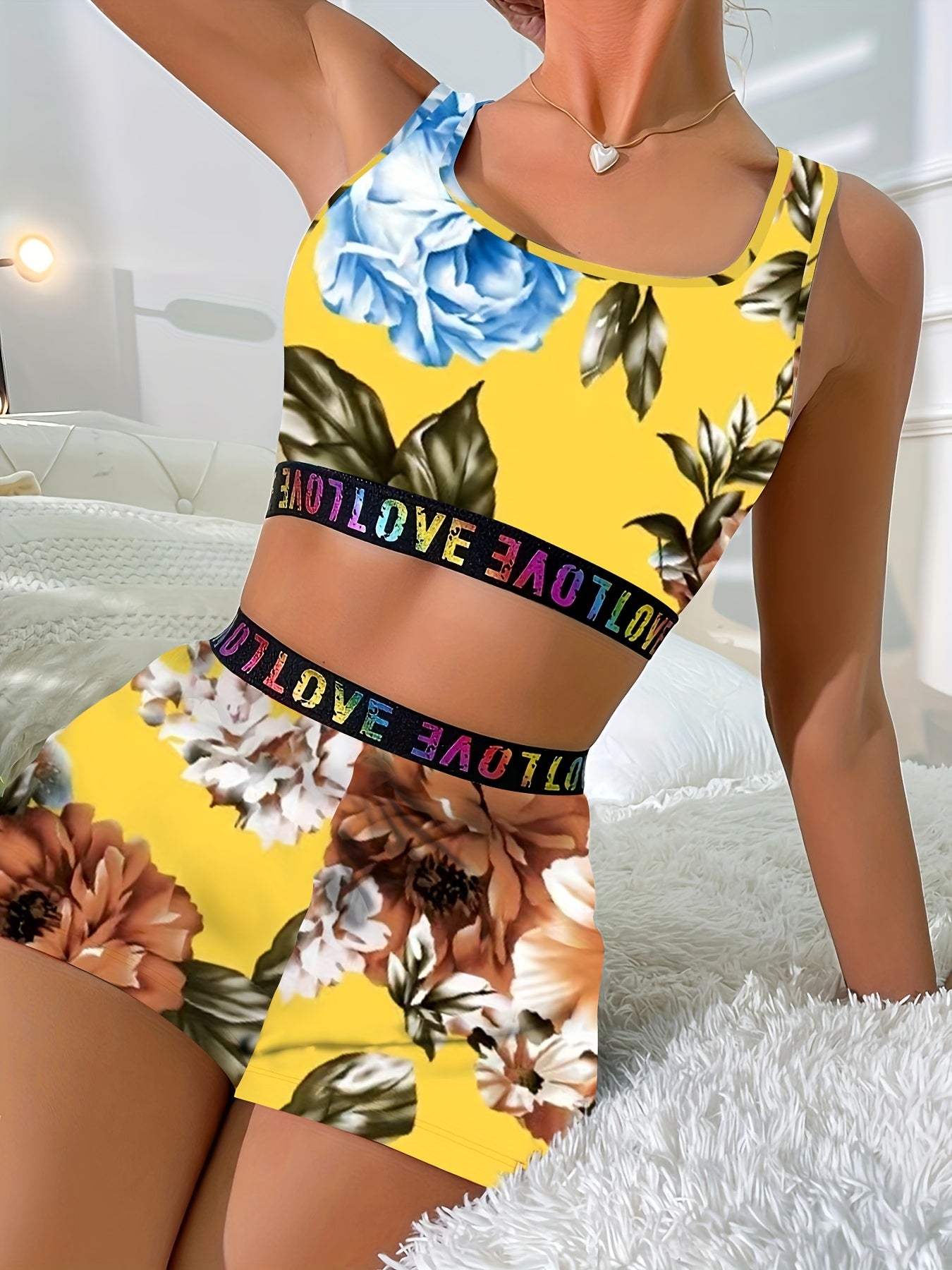 Floral Print Sports Set, U Neck Tank Top & Elastic Waistband Shorts, Women's Clothing