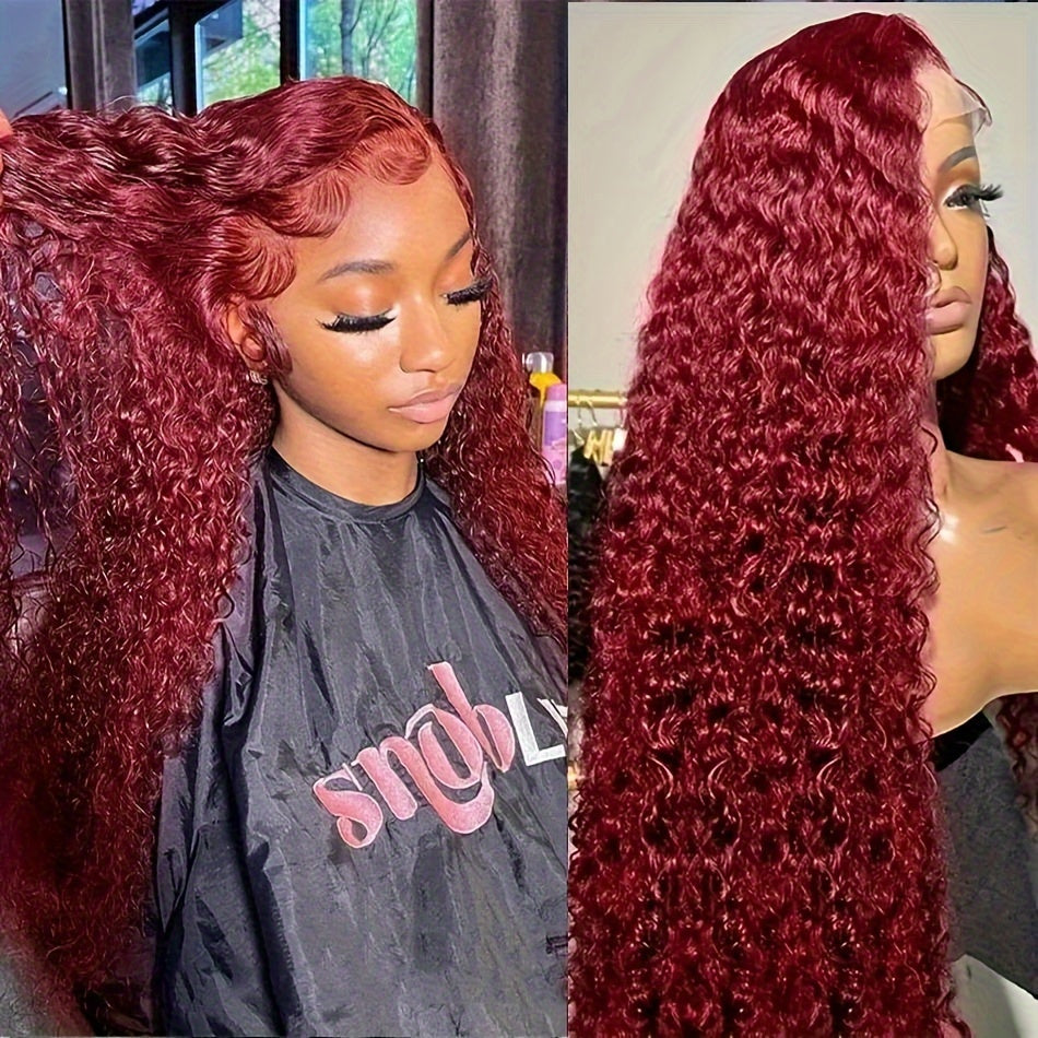 New Year's Special Offer 99j Burgundy Lace Front Wigs Human Hair 30 Inch 200 Density Water Wave Lace Front Wigs Human Hair Pre Plucked Red Curly Human Hair Wig 13x4 HD Frontal Glueless Colored Wet And Wavy Loose Water Wave