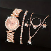 6pcs Women'S Fashion Elegant Quartz Watch, Rose Golden, Zinc Alloy Strap, Round Dial, Zinc Alloy Case, Necklace Earrings Ring Bracelet Gift Set