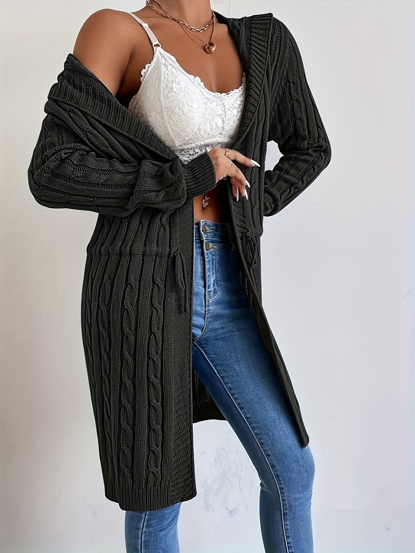 Cozy Chic Drawstring Waist Hooded Cardigan - Soft, Casual, Open Front, Long Sleeve, Relaxed Fit, Women's Clothing for Everyday Wear