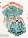 3-Piece Women's Satin Pajama Sets – Short Sleeve Lapel Top & Elastic Waist Shorts, Soft Loungewear Sleepwear Set