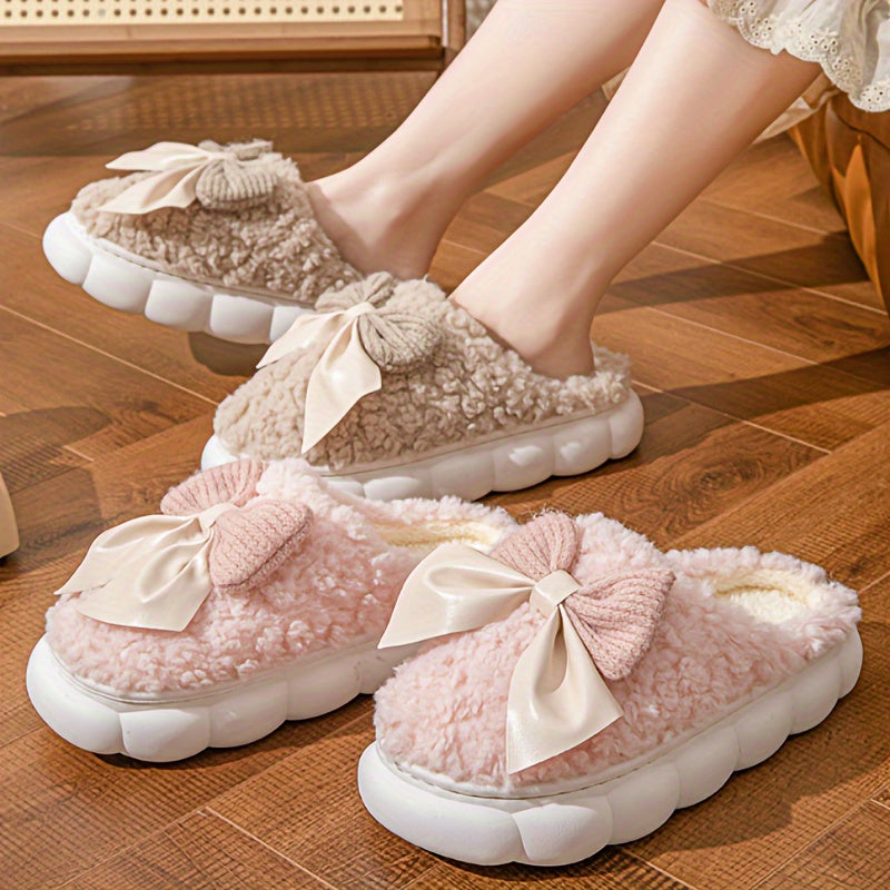 1 Pair Women's Winter Warm Plush Slippers, Casual Solid Color Bowknot Indoor House Shoes, Thick Sole Non-Slip Warm Footwear, Essential Autumn/Winter Home Slides with Superfine Fiber Insole and TPU Sole