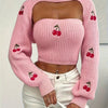 Cherry Embroidered Tube Knit Top & Super Crop Shrug Sweater Set – 2PC Casual Outfit with Lantern Sleeves, Crew Neck, Soft Acrylic Blend