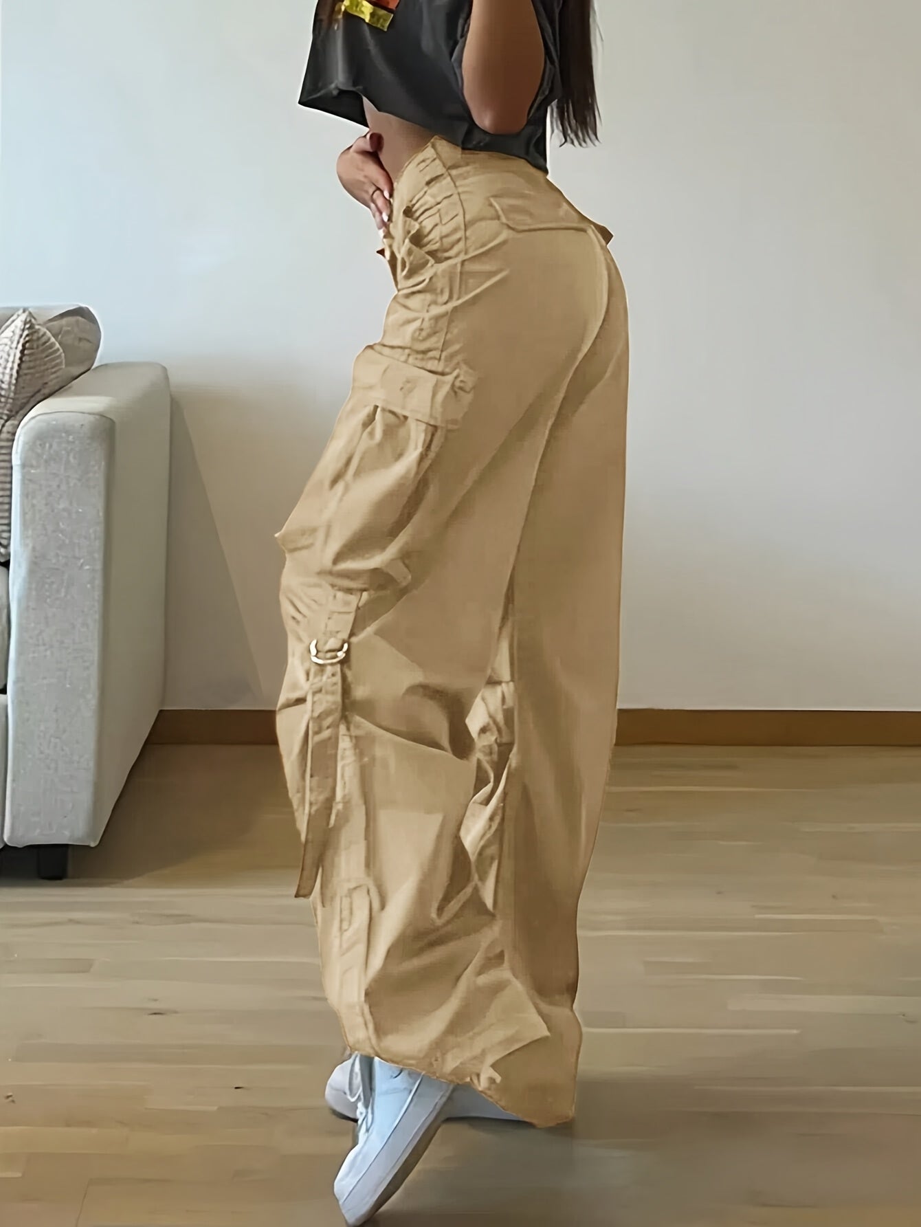 Women'S High-Waisted Loose Fit Cargo Pants - Y2K Inspired, 100% Polyester, Street Style with Flap Pockets & Tie Detail, Wide Leg Umbrella Design for Casual Wear, Perfect for All Season