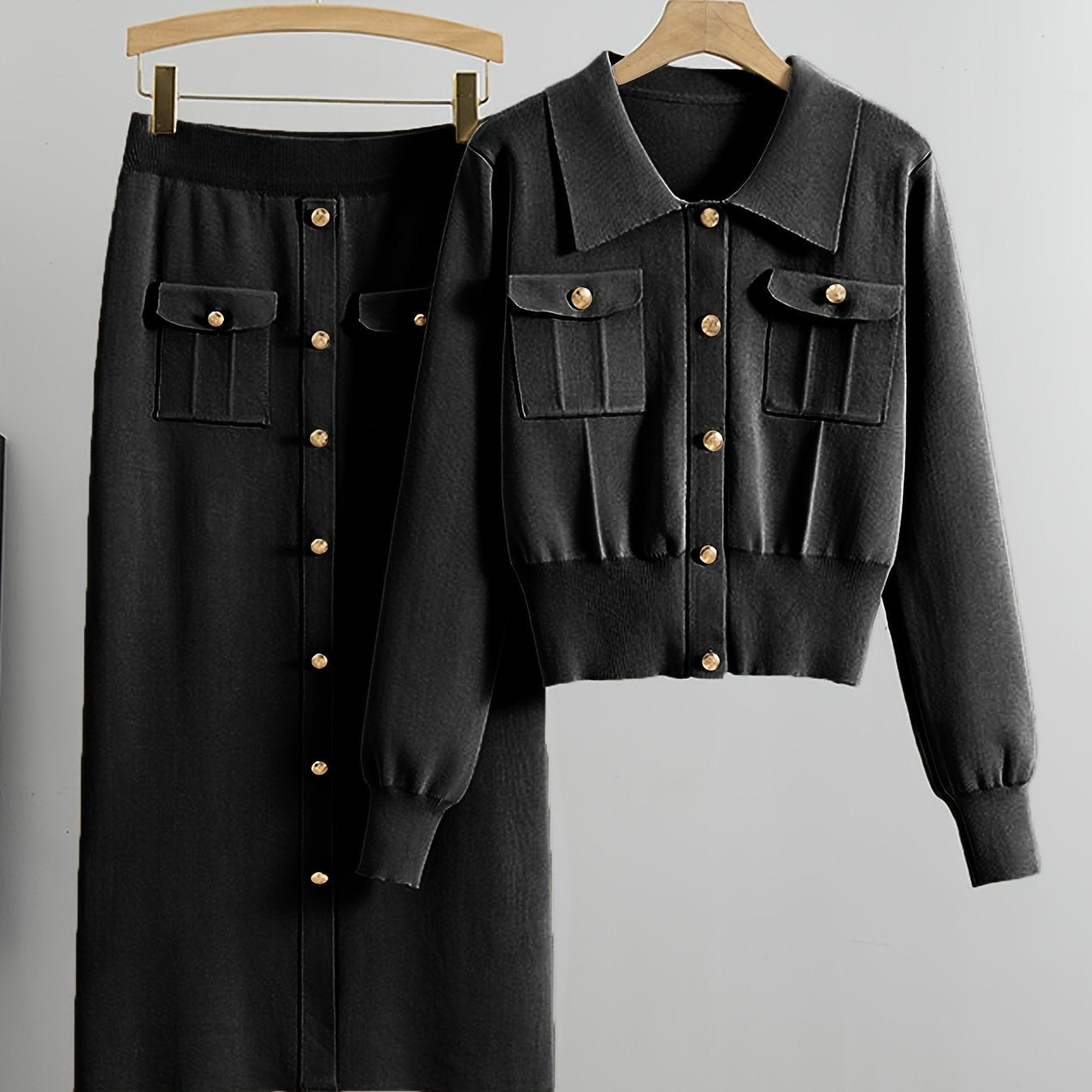 2pcs Women'S Viscose Blend Co-ord Set, Casual Lapel Collar Long Sleeve Knit Sweater and Skirt, Solid Color, Regular Fit, with Fake Button Details