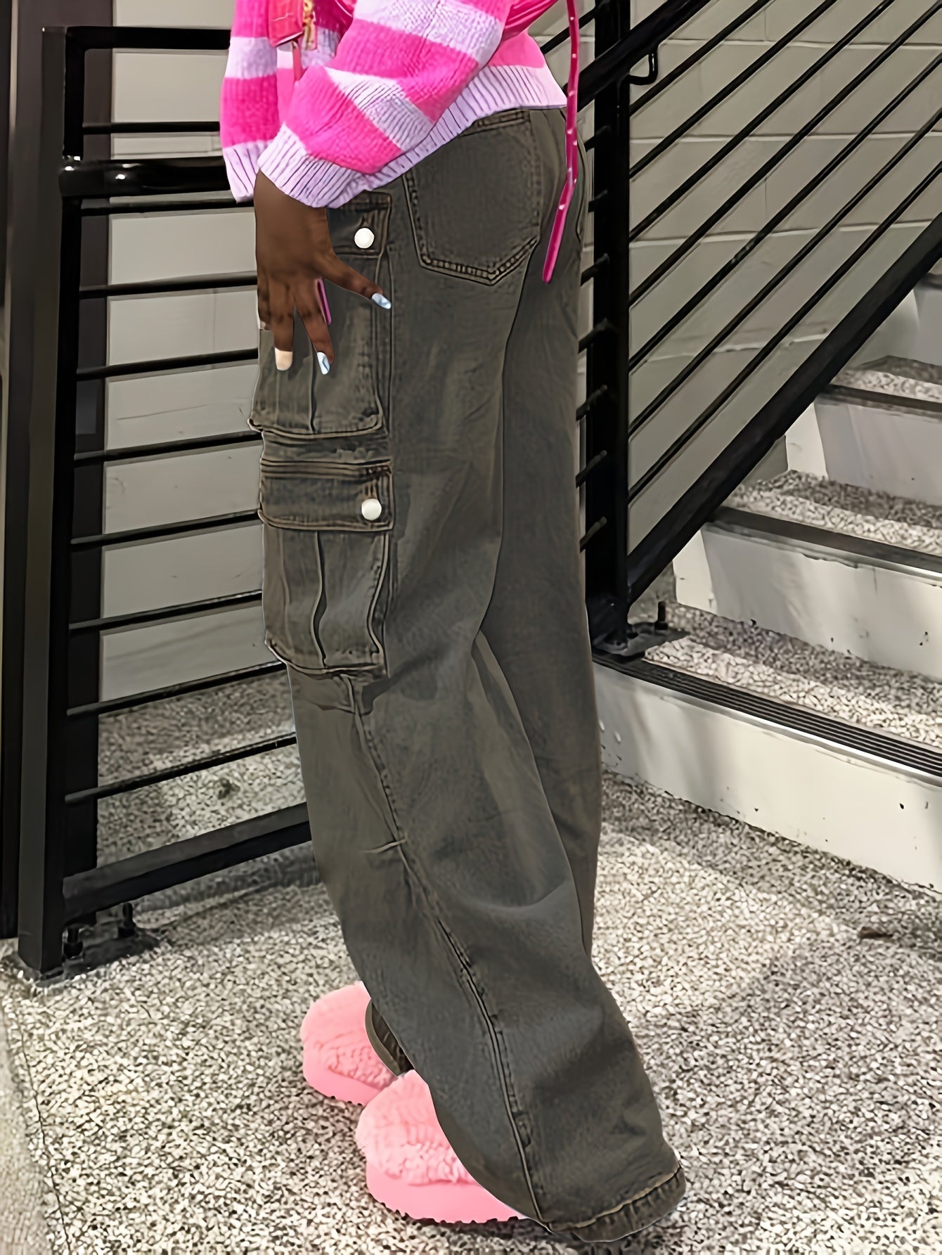 Ladies' Fashionable Retro Y2K Work Pants, High Waist Loose Wide Legs, Pockets, Comfortable Casual Style, Street Fashion Denim Pants