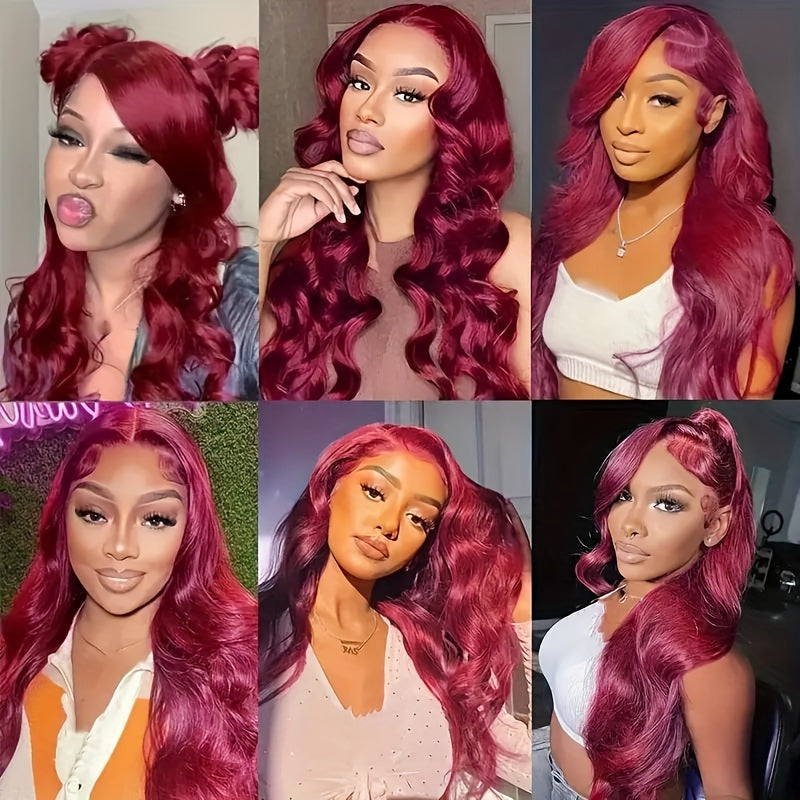 99J Burgundy HD Lace Front Human Hair Wig - Glueless 13x4 Pre-Plucked Body Wave 200% Density Wine Red Costume Wig for Women, Wear & Go Party & Holiday Hair, Wig Accessories