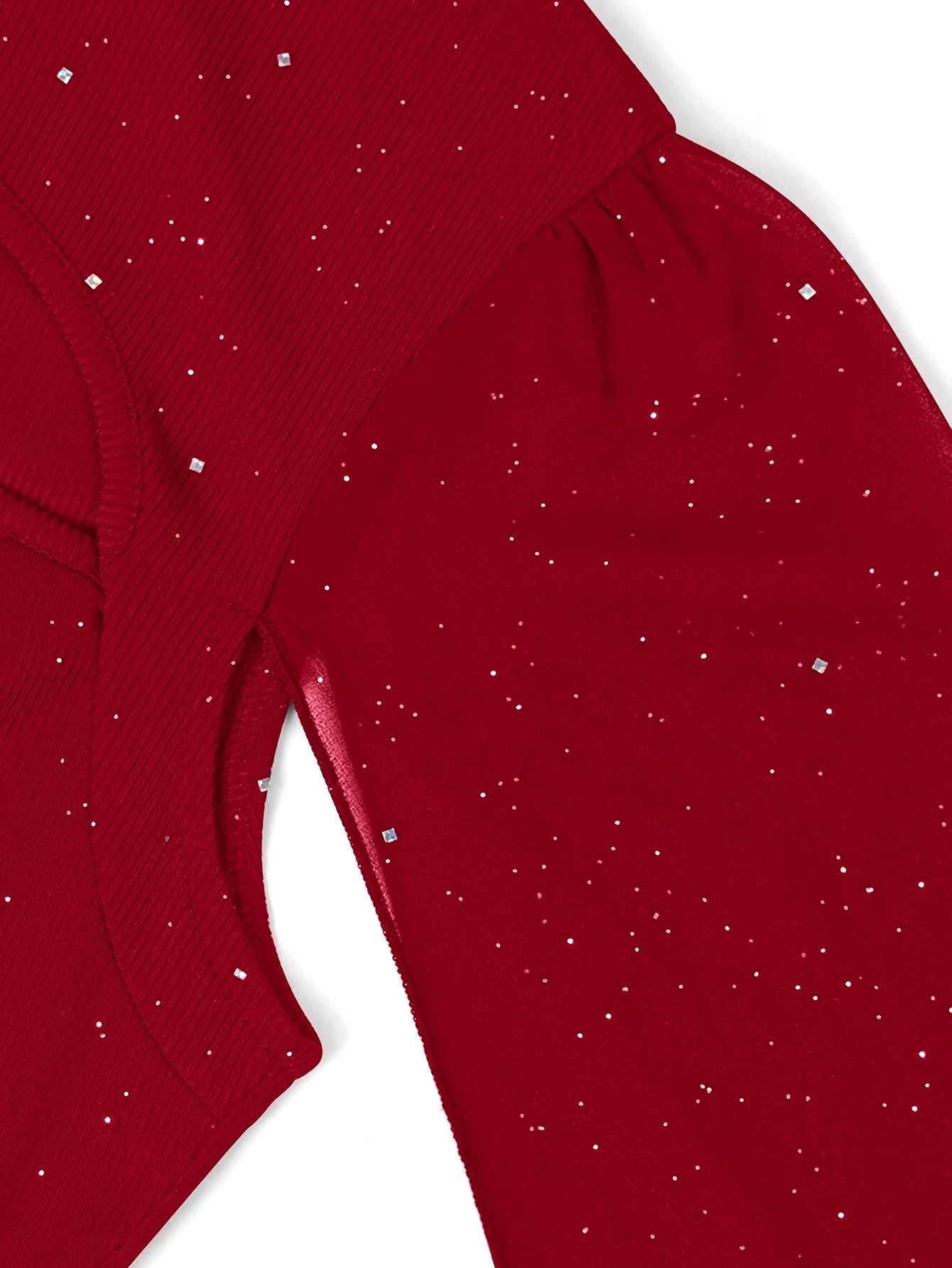 Elegant Red Glittery High-Neck Dress for Women - Long Sleeve, Sheer Mesh Overlay, Flowy Hem, Perfect for Spring & Fall, Casual Yet Stylish Formal Attire