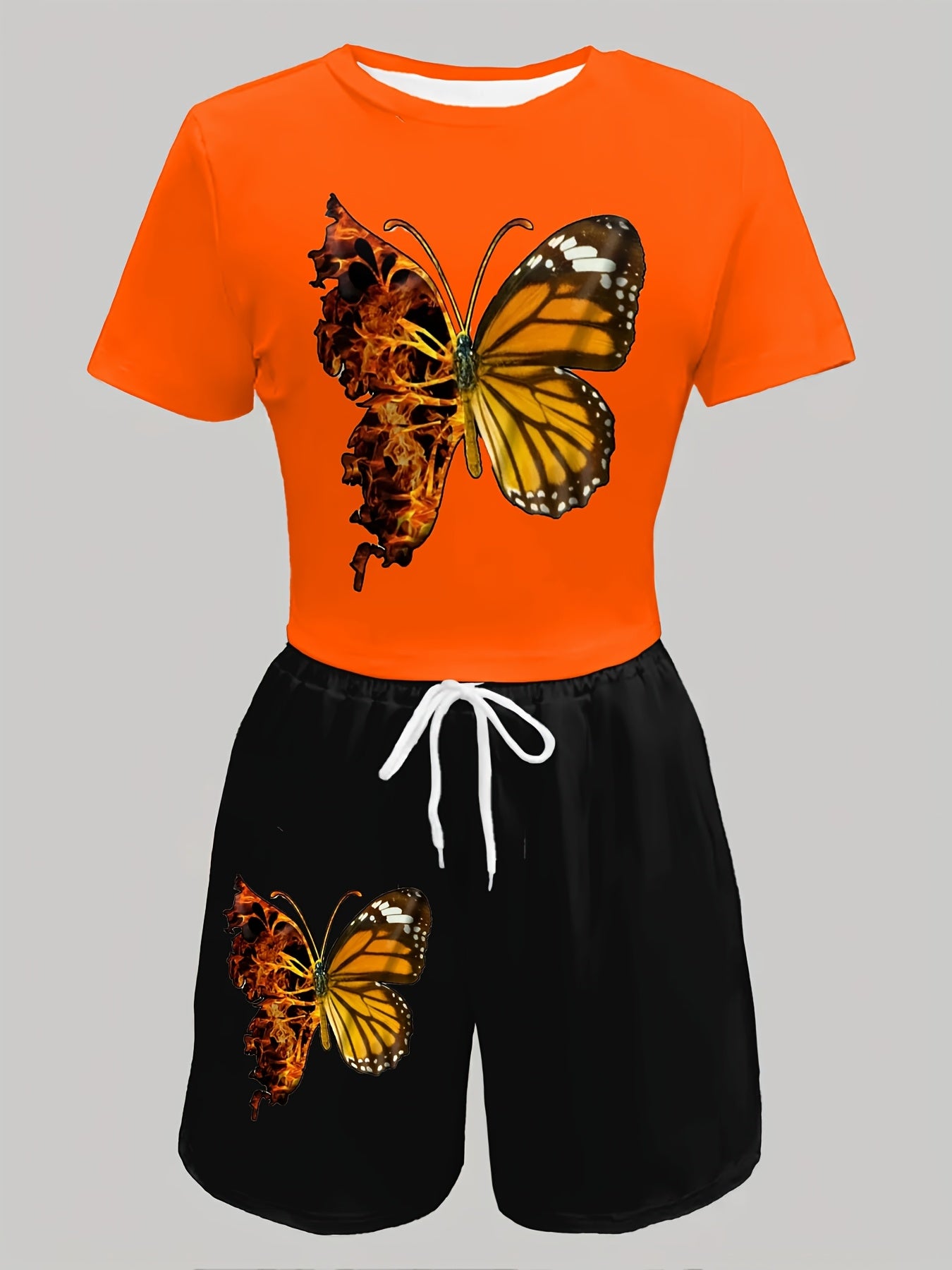 2-Piece Women's Butterfly Print Short-Sleeve Top and Shorts Set - Vibrant Orange & Black Geometric Pattern, Polyester Blend, Casual Spring/Summer Outfit, Spring Casual Wear | Vibrant Fashion | Smooth Texture Finish