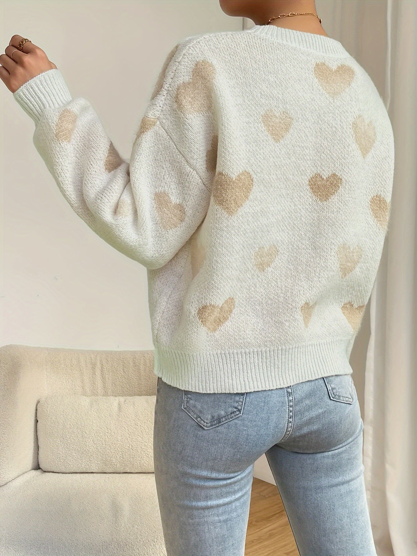 Heart Pattern Drop Shoulder Knitted Sweater, Casual Crew Neck Long Sleeve Pullover Sweater, Women's Clothing