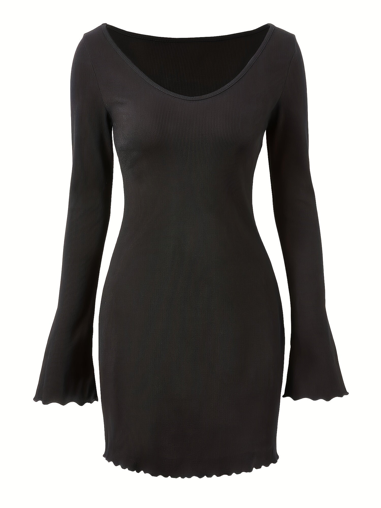 Elegant Long Sleeve V-Neck Bodycon Dress with Ruffled Hem Polyester Blend Solid Color Knit Fabric for Women - Fall Season Style