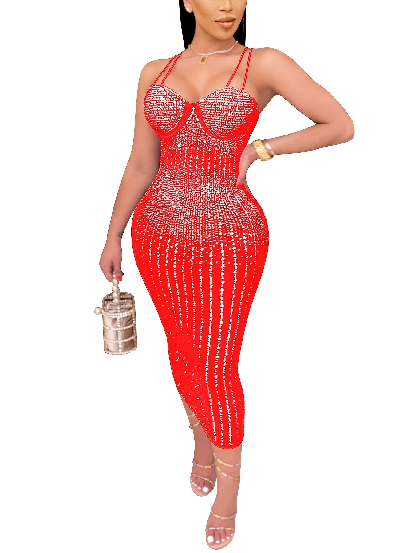 Elegant Off-Shoulder Rhinestone Halter Women'S Bodycon Dress - Sexy Mesh See-Through Long Sleeve Dress for Summer, Party, and Formal Events, Evening Event Attire | Halter Neck Dress | See-Through Mesh Fabric
