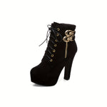 Women's Chunky Platform High Heel Ankle Boots with Lace-Up Front & Back, Golden-Tone Buttons, Zipper Closure, Round Toe - Machine Washable PU Cover Winter Casual Boots, Semiformal Footwear | Adjustable Buckle Heels, High Heel