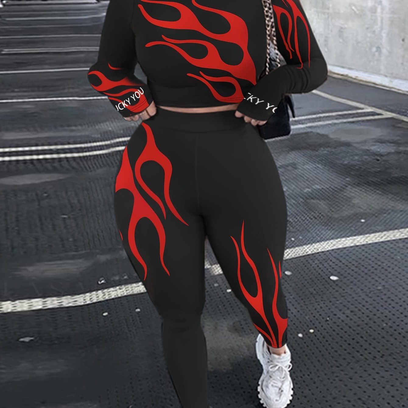 Flame Print Casual Two-piece Set, Crew Neck Long Sleeve Top & Pants Outfits, Women's Clothing