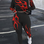 Flame Print Casual Two-piece Set, Crew Neck Long Sleeve Top & Pants Outfits, Women's Clothing