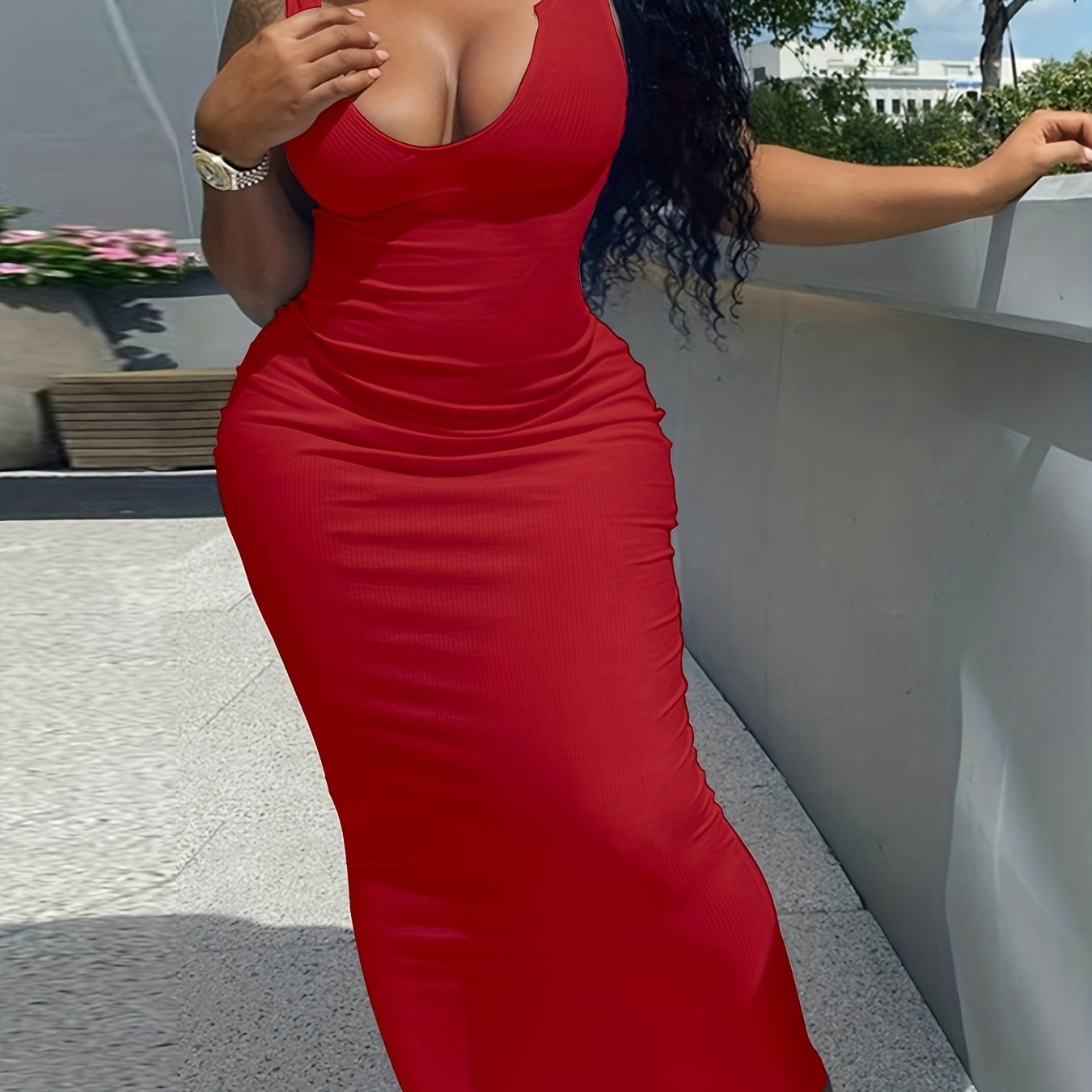 Sleek Notched Neck Bodycon Tank Dress - Sleeveless, Casual, Spring & Summer Essential - Womens Clothing for a Chic Look
