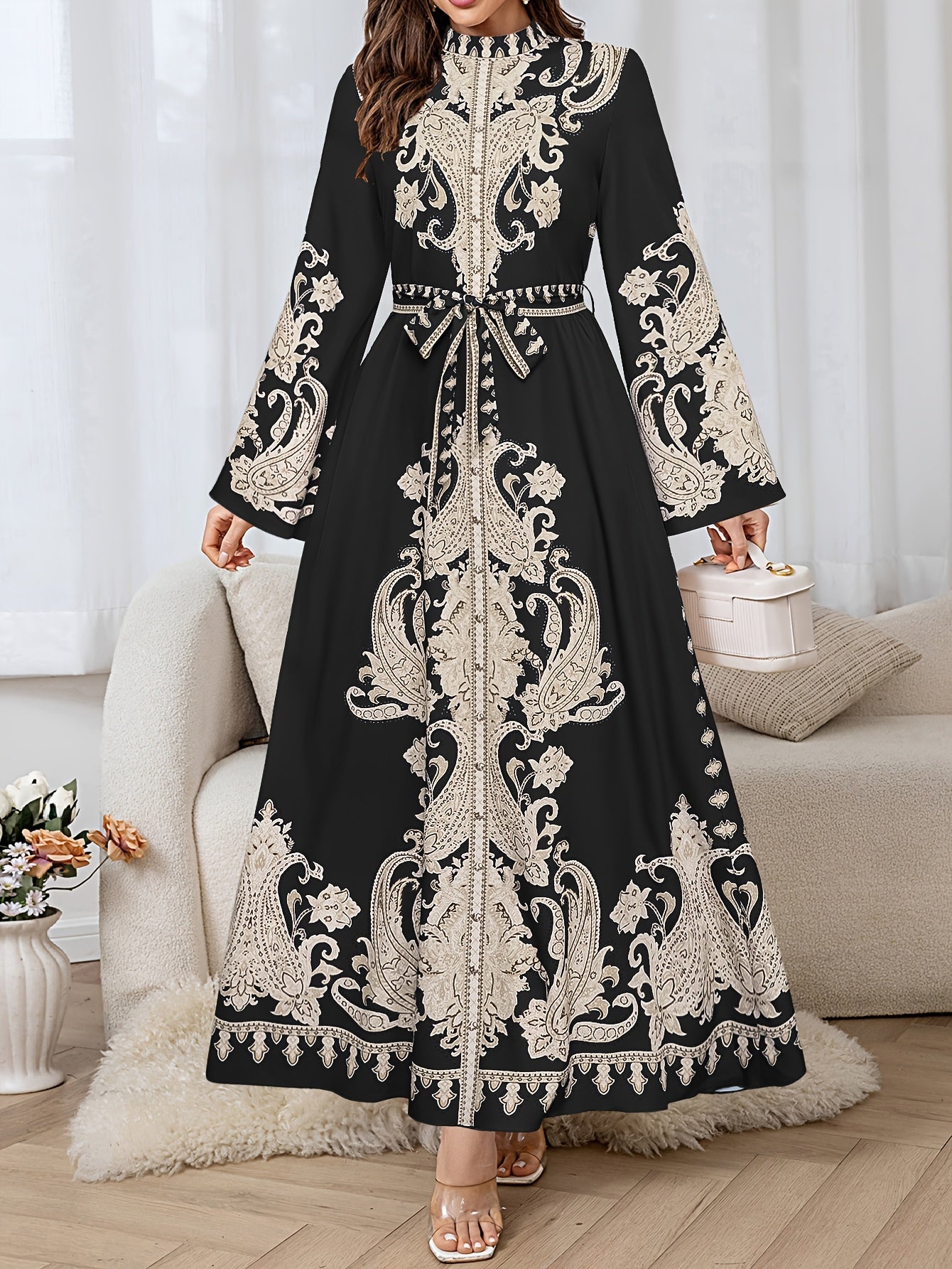 Elegant Floral Print Long Dress with Tie-Waist & Lantern Sleeves - Creamy Beige, Crew Neck, Flowing Maxi Length, Perfect for Spring/Summer/Fall, Women’s Fashion, Cute Dresses