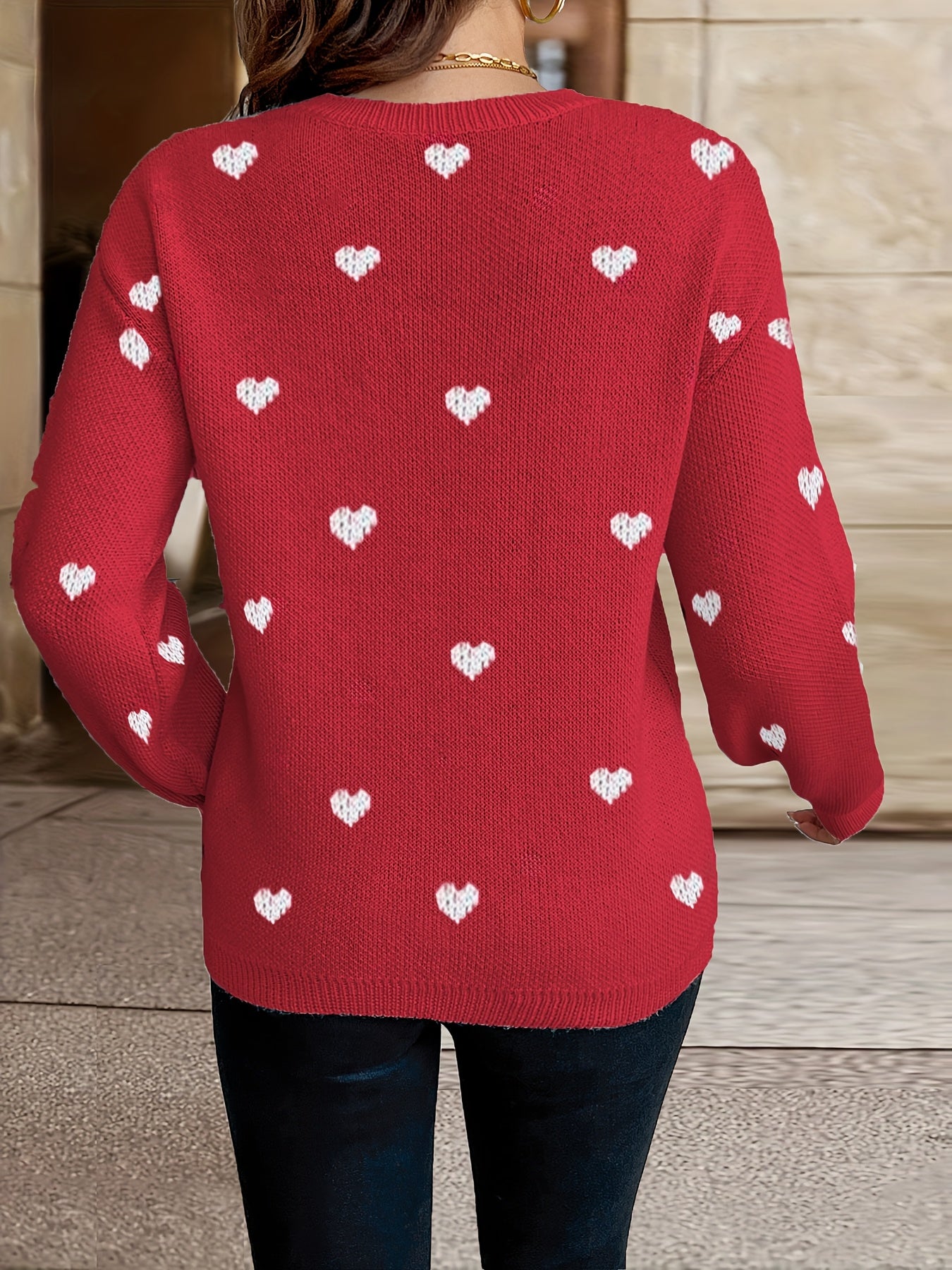 Valentine’s Romance: Chic Heart Pattern Crew Neck Knit Sweater – Cozy, Durable Women’s Winter Pullover