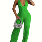 Royal Blue Halter Neck Jumpsuit for Women - Sexy Backless Pleated Wide Leg Romper, Boho Style, Deep V-Neck, Sleeveless, Machine Washable, Ladies Rompers And Jumpsuits