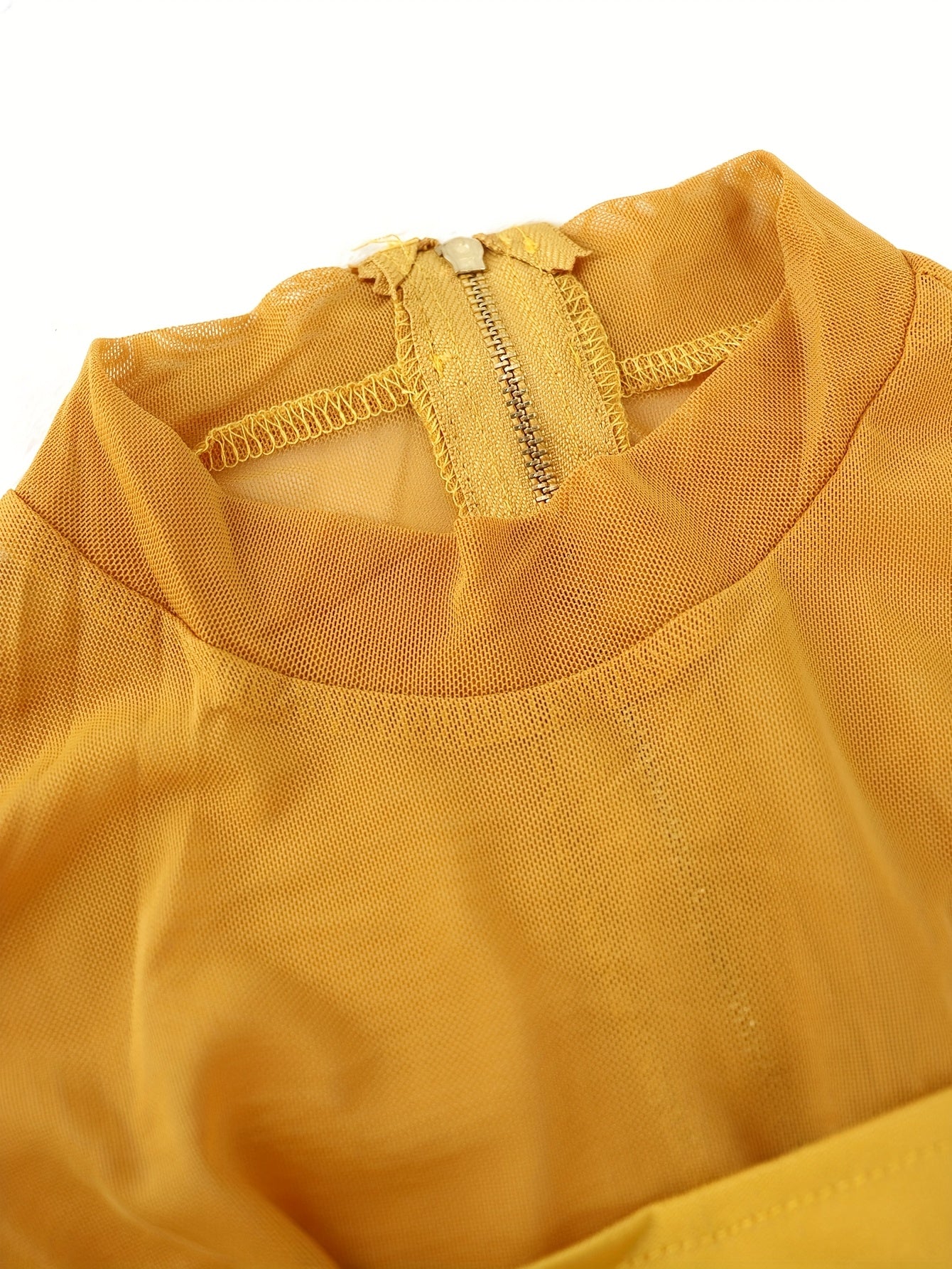 Women's Sexy High Neck Semi-Sheer Mesh suit with Metal Chain Accents - Bodycon Long Sleeve Spring , Mustard Yellow, Machine Washable