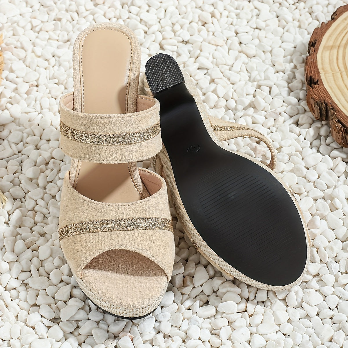 Shimmering Sequined Platform Sandals - Comfortable Double Bands, Stylish Slides for Summer - Dazzling Chunky Heels, Ideal for Music Festival Outfits
