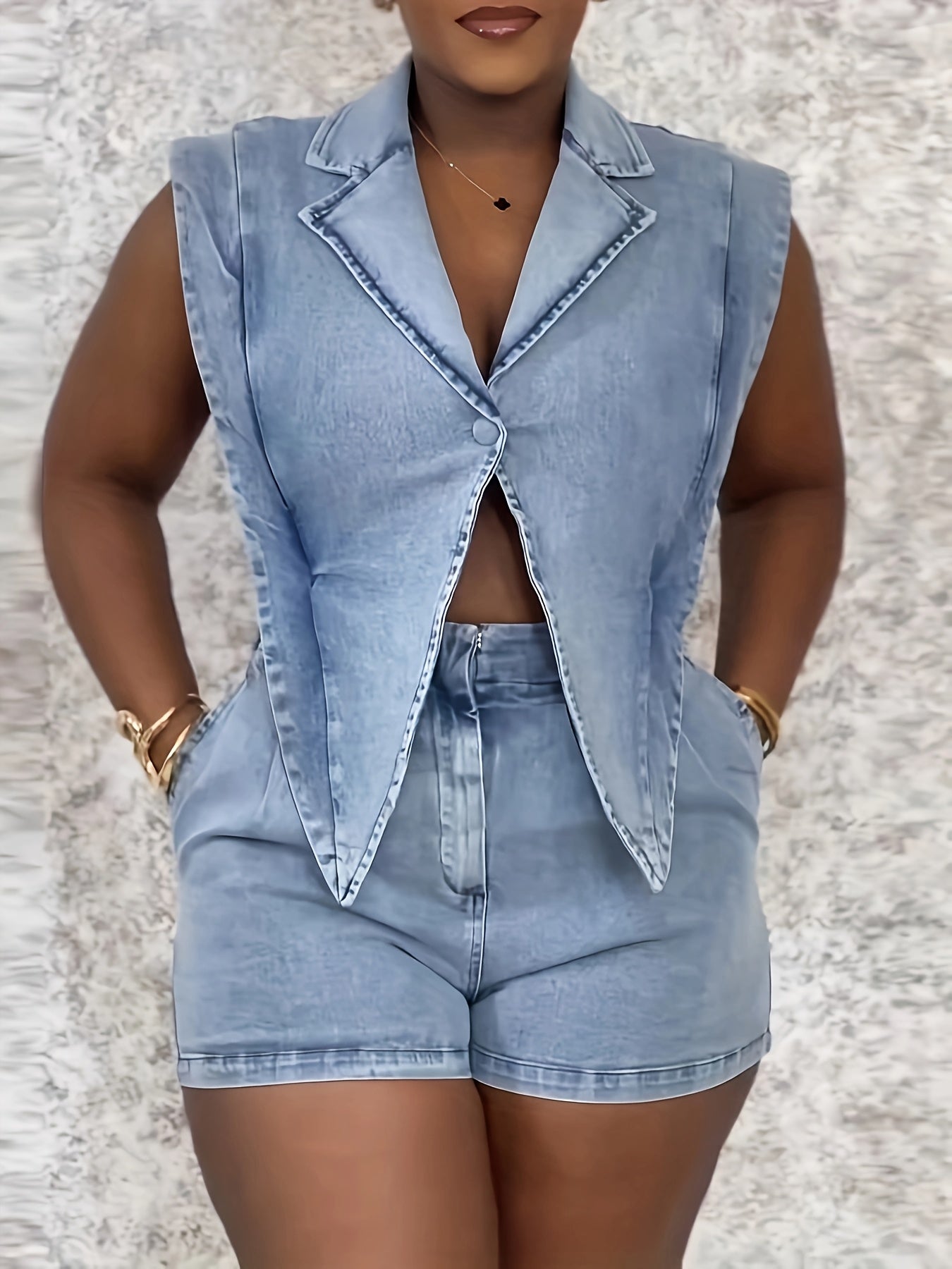 Denim Sleeveless Suit Collar Stretchy Waist Jumpsuit Shorts