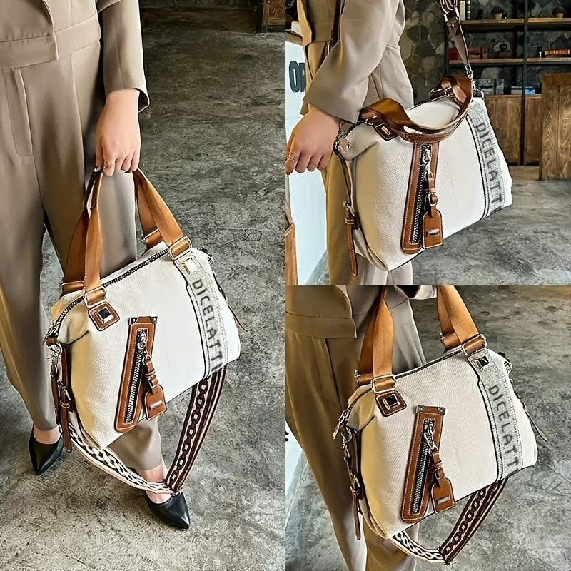 Elegant Retro Faux Leather Handbag for Women - Large Capacity Crossbody Bag with Adjustable Strap, Zip Closure, and Stylish Contrast Detailing in Black & White