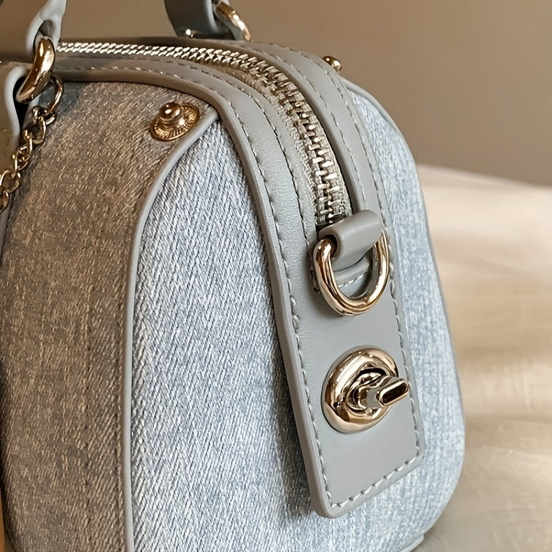 Women'S 2024 New Light Blue Cowboy Pillow Bag, Versatile Handbag with Shoulder Strap, Solid Color, Zipper Closure, Polyester Lined, Edge Paint Detail