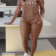 Flower Rhombus Plaid French Paris City Famous Print Casual Black Style Round Neck Fit Short Sleeve T-shirt Shirt Flower Rhombus Plaid Print Tight Pants Home and Outing Jogging Suit