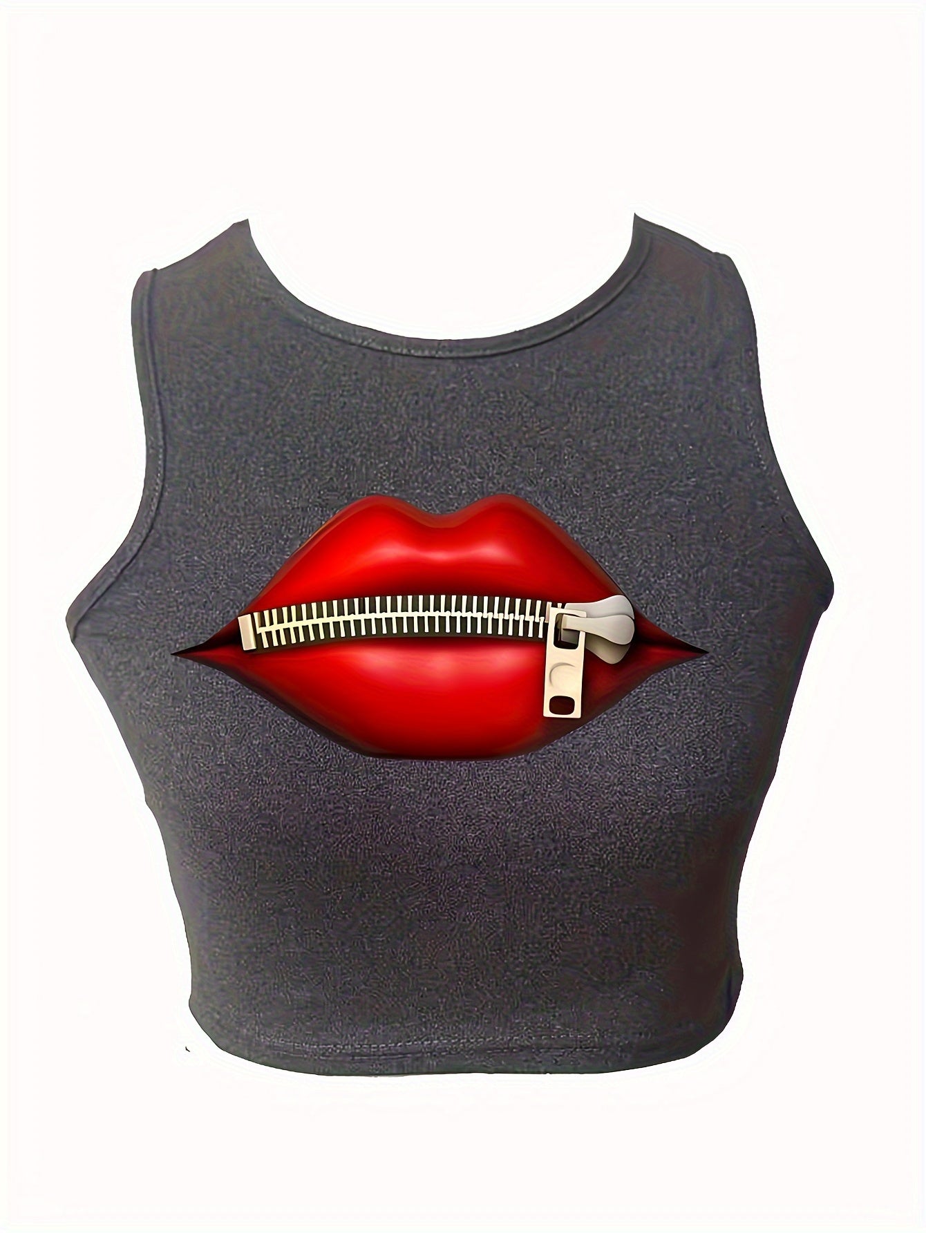Valentine's Day Red Lip Print Round Neck High Elastic Tight Fit Print Short Top with Navel Exposed Women's Casual Sports Shirt