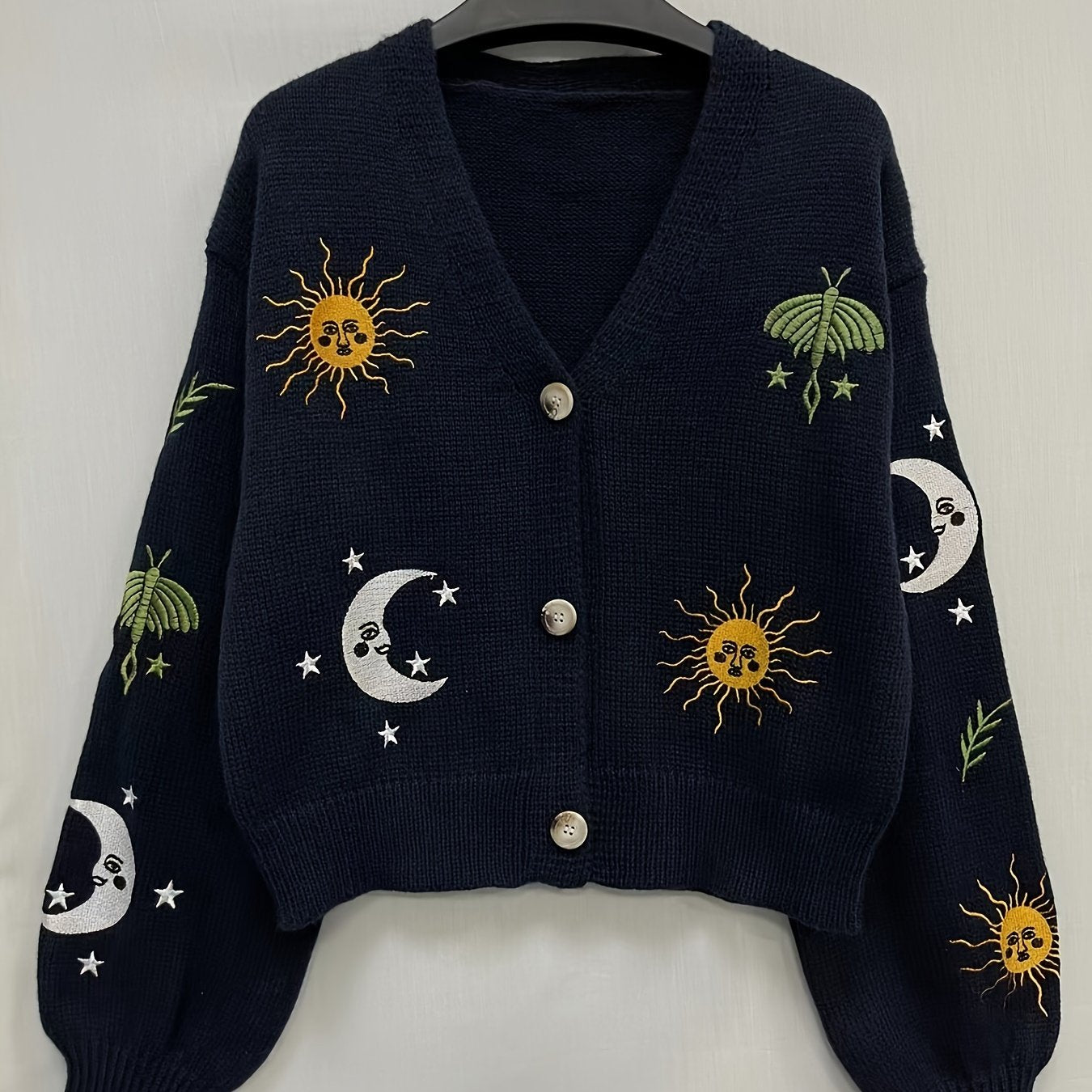 Stylish Sun & Moon Pattern Crop Knitted Cardigan - Chic Button Front, Lantern Sleeve, Cozy, Soft, and Warm for Spring & Fall - Women's Chic Clothing for Everyday Wear