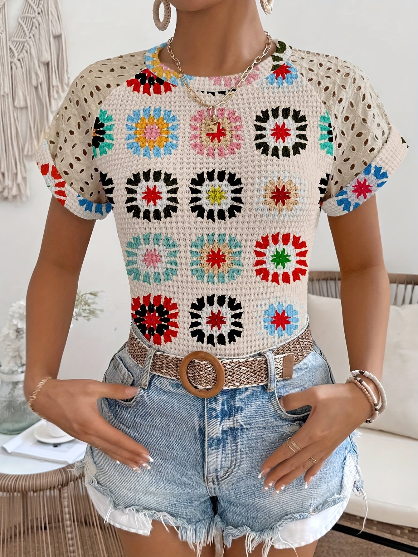 Women's Stylish Geometric Print T-Shirt with Lace Sleeves & Color Block Cuffs - Lightweight Polyester Blend for Spring, Summer & Fall - Machine Washable Casual Top, Casual Summer Top | Lace Sleeves Top | Trendy Tshirt